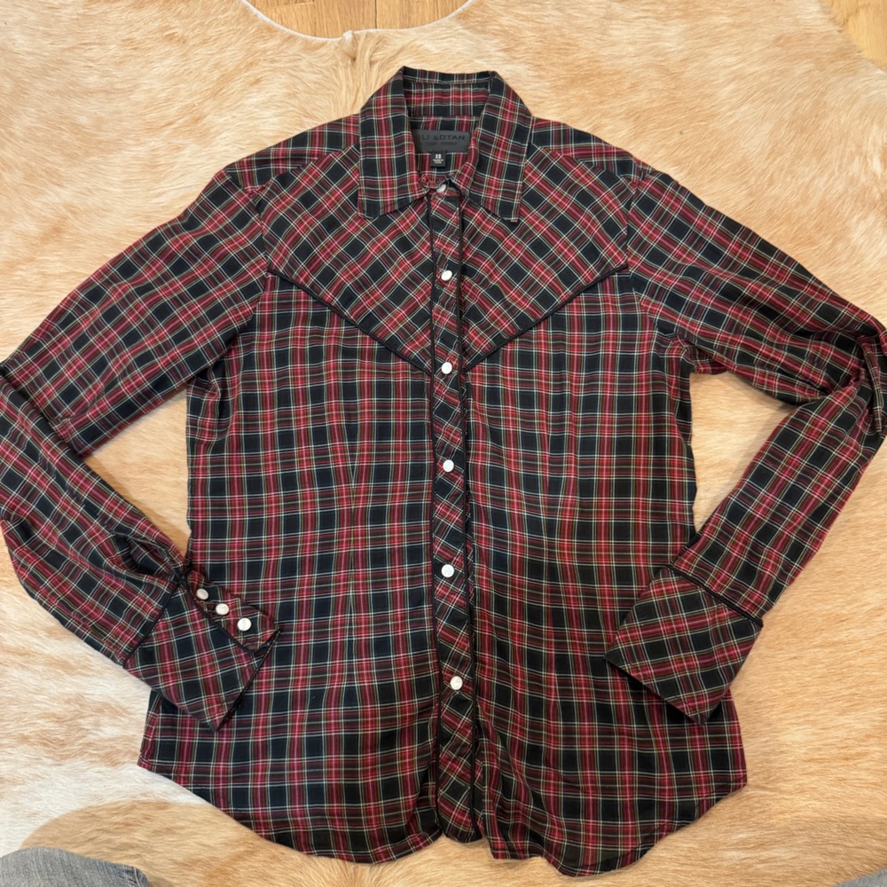Nili Lotan Western Blouse XS Red Check Pearl Snaps EUC